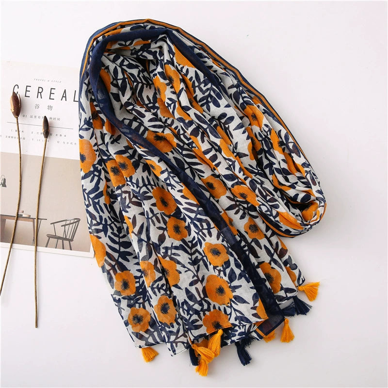 Japanese style literary and artistic small fresh cotton and linen scarf retro splicing Bohemian cashew print silk scarf beautiful sunscreen towel