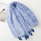 Korean style small fresh blue line cotton and linen feel sunscreen scarf women's travel beach towel long tassel large gauze scarf