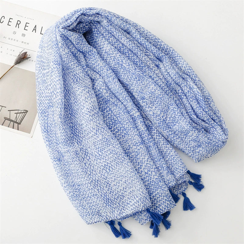 Korean style small fresh blue line cotton and linen feel sunscreen scarf women's travel beach towel long tassel large gauze scarf