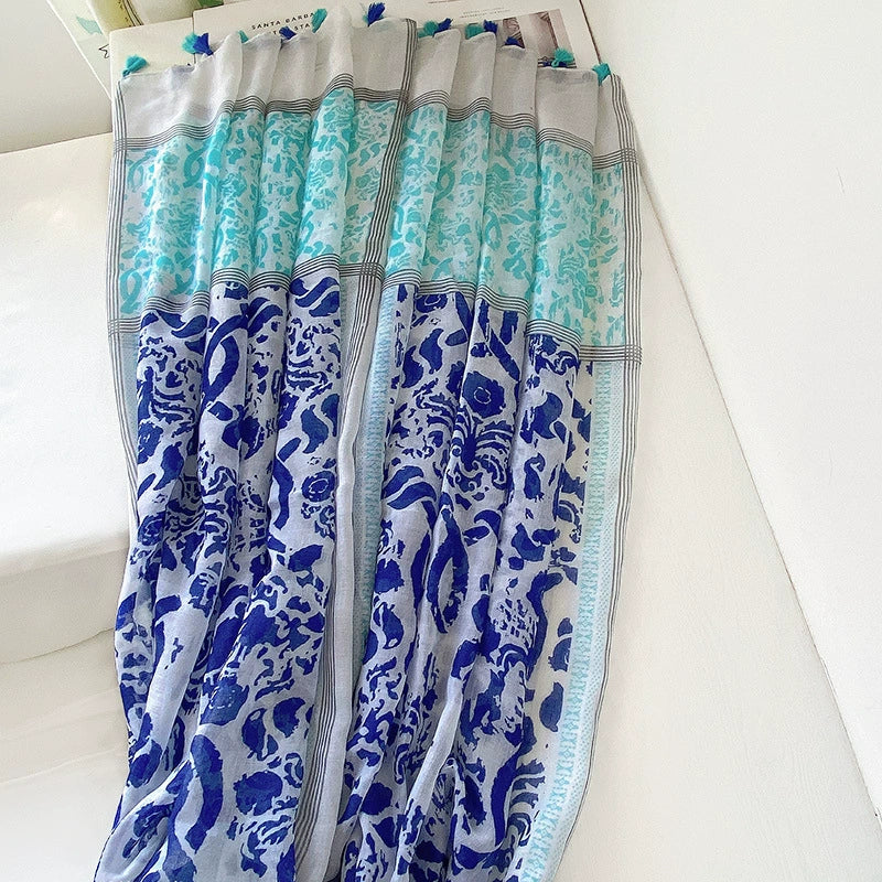 Spring and autumn cotton and linen feel decorative long headscarf silk scarf thin shawl blue floral cotton and linen feel tassel scarf
