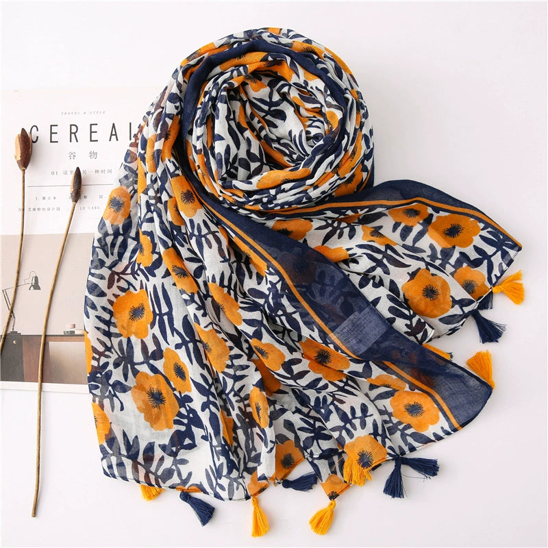 Japanese style literary and artistic small fresh cotton and linen scarf retro splicing Bohemian cashew print silk scarf beautiful sunscreen towel