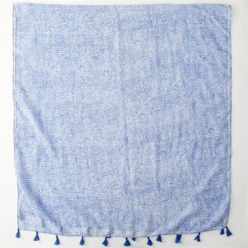 Korean style small fresh blue line cotton and linen feel sunscreen scarf women's travel beach towel long tassel large gauze scarf