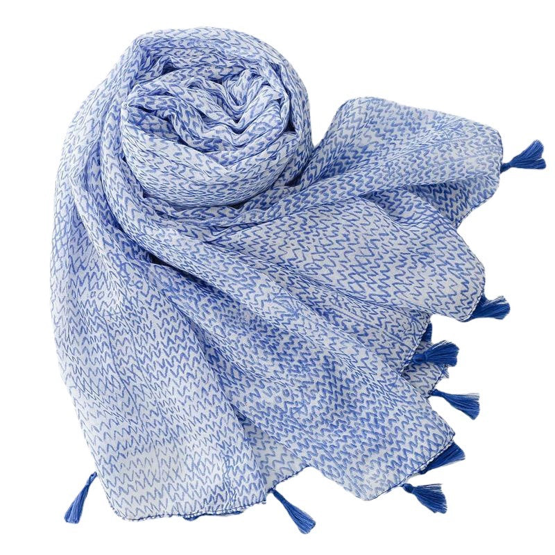 Korean style small fresh blue line cotton and linen feel sunscreen scarf women's travel beach towel long tassel large gauze scarf